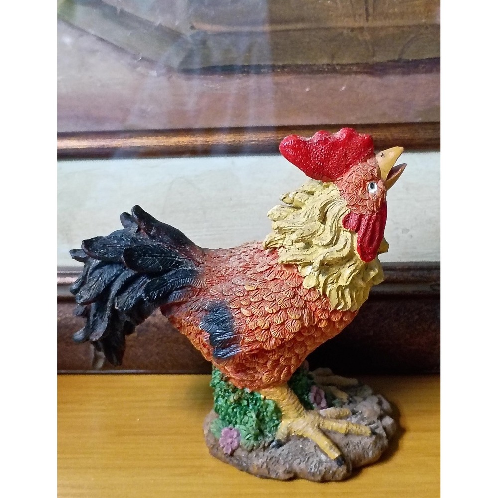 Colorful Resin Crowing Rooster Figurine Farmhouse Decor Rustic Chicken Statue - Picture 2 of 6